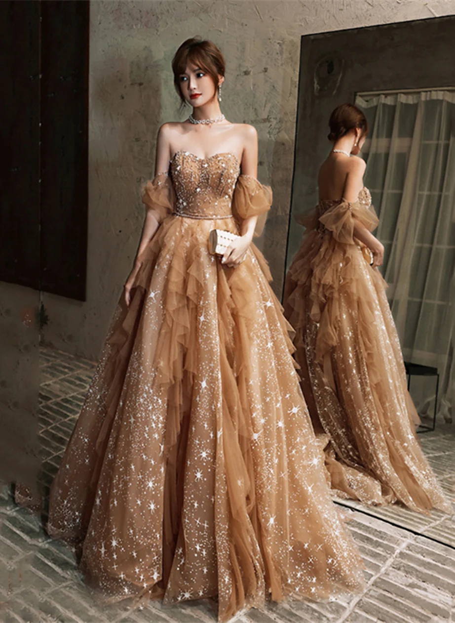 A-line Off Shoulder Champagne Tulle Beaded Prom Dress