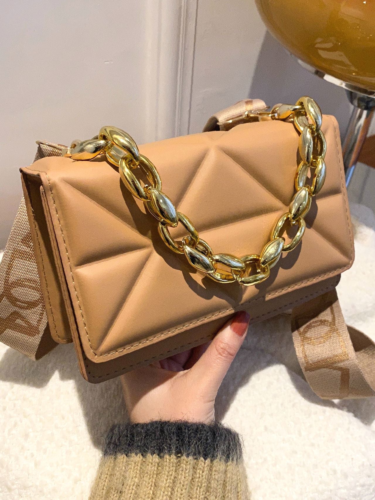 Khaki Quilted Chain Square Bag