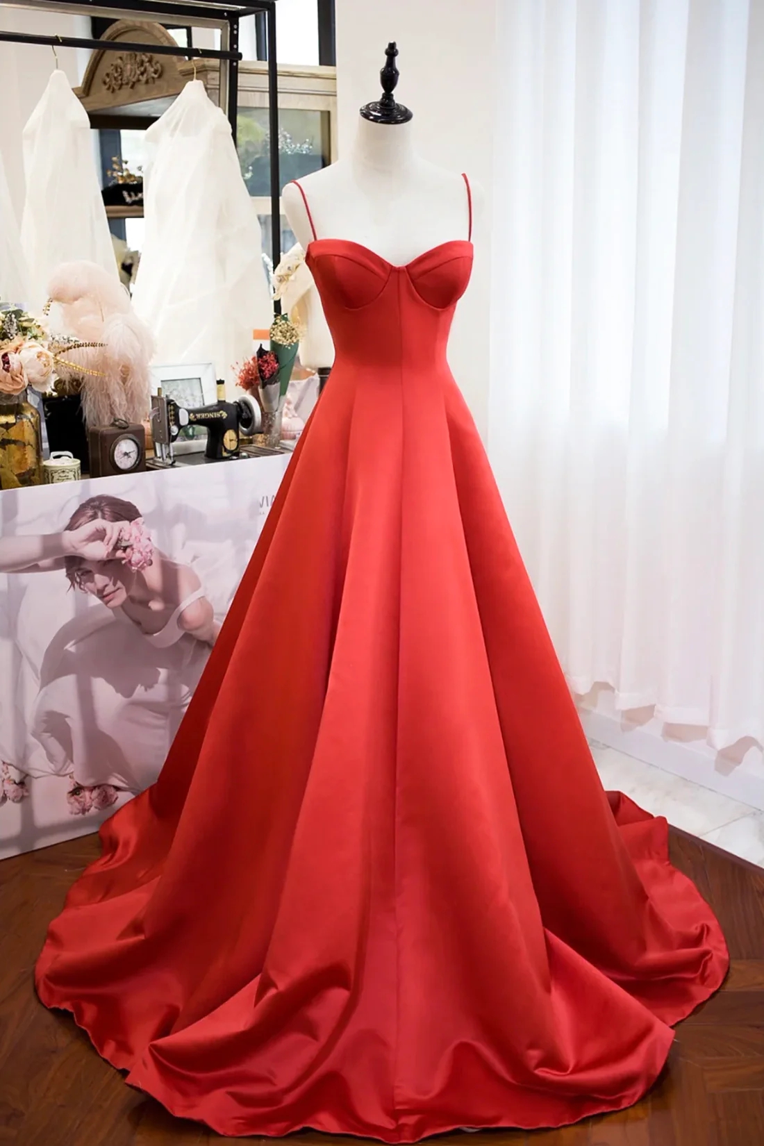 Spaghetti Strap Red Satin Long Prom Dresses