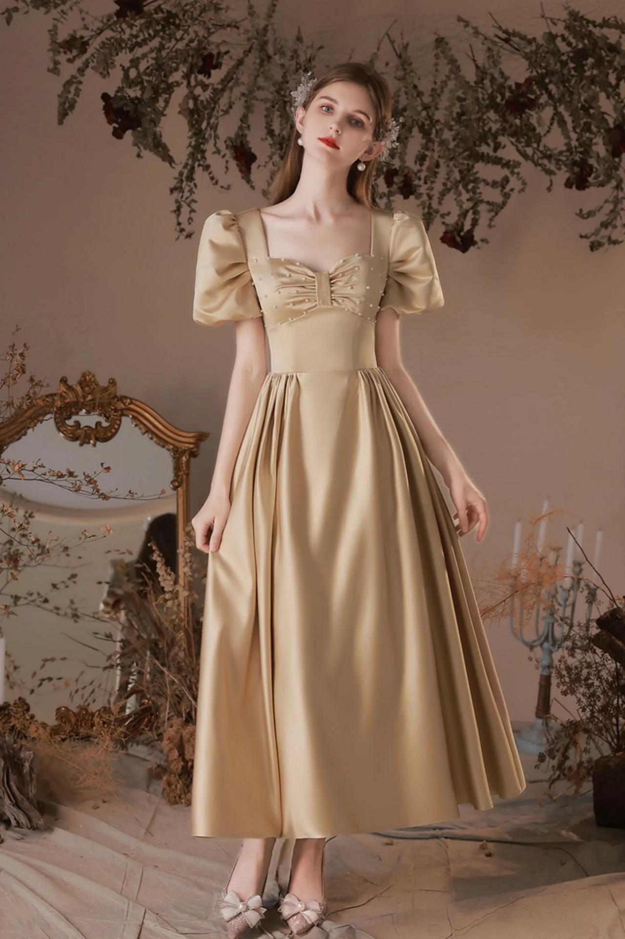 Beautiful Satin Tea Length Prom Dress With Short Sleeve