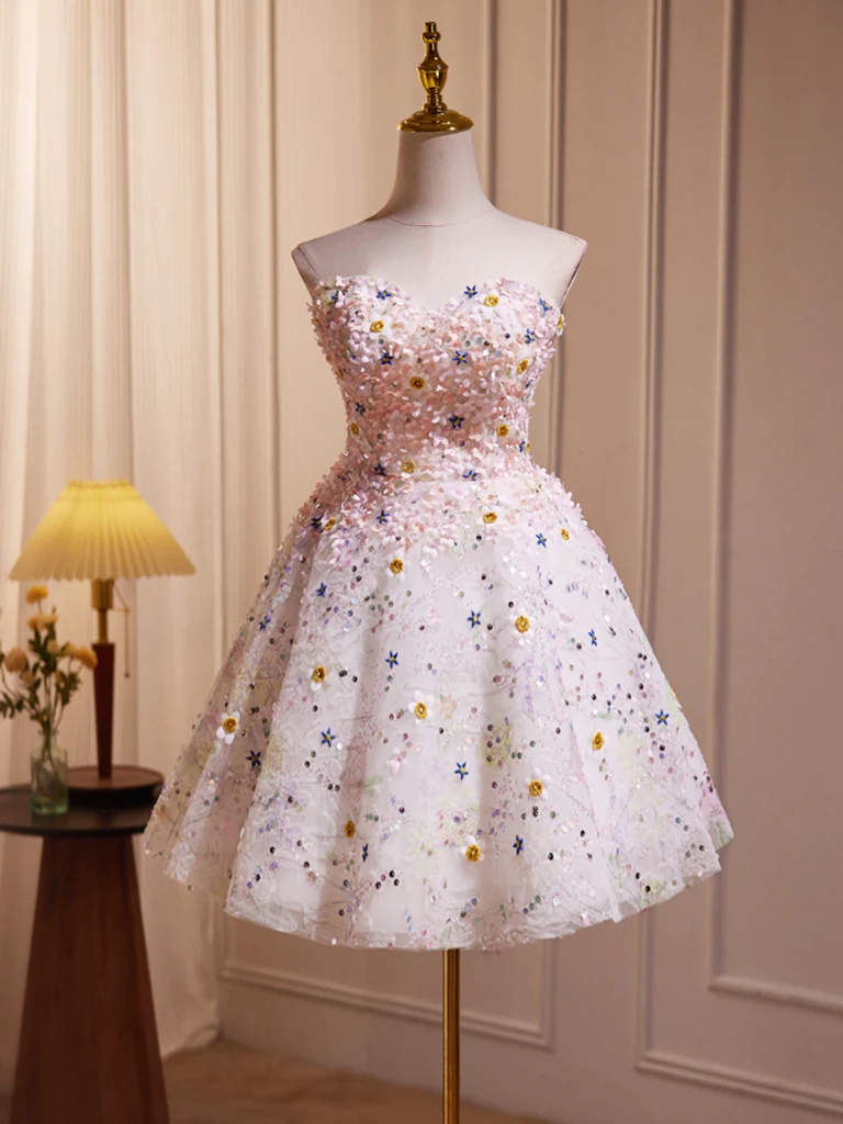 Cute A-line Flower Short Prom Dress, Sequin Homecoming Dress