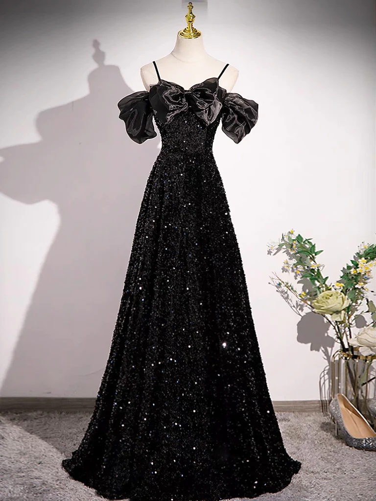 Black Off Shoulder Sparkle Sequined Gown With Puff Sleeves