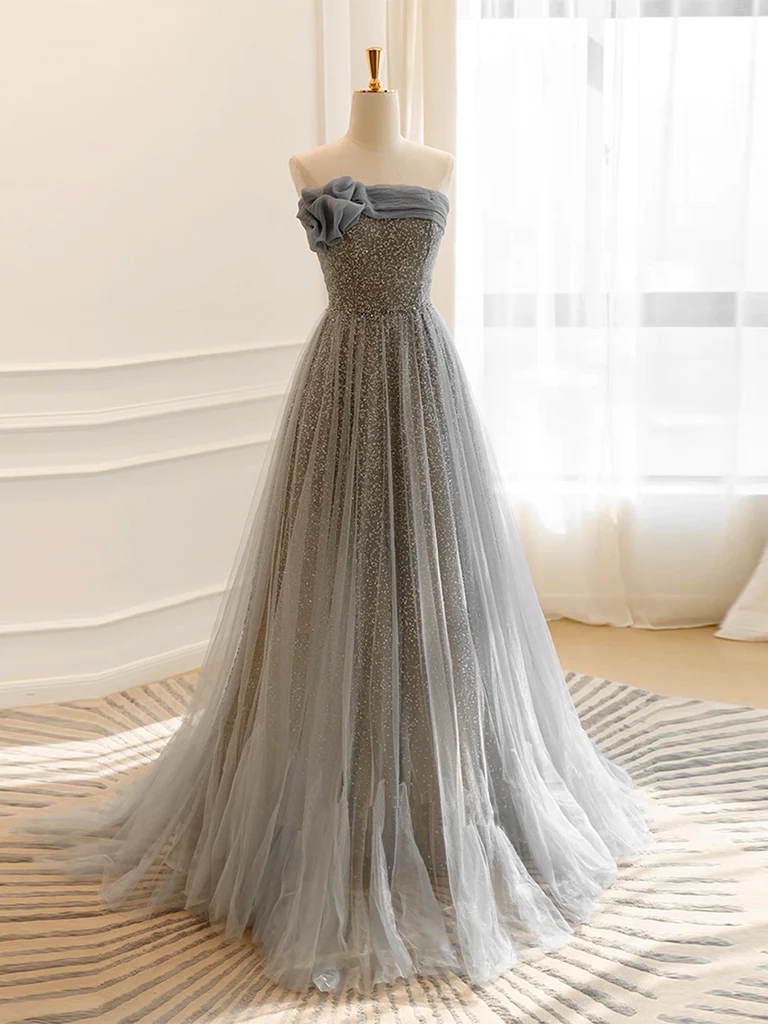 Mermaid Gray Tulle Sequin Long Prom Dress, Evening Dress