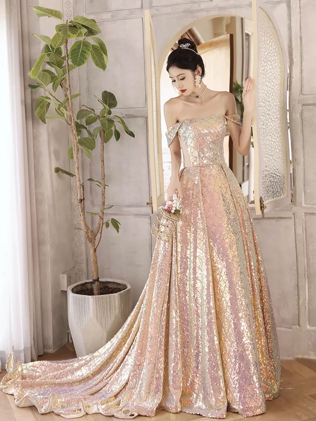 Beautiful Off Shoulder Sparkly Sequins Champagne Long Prom Dresses