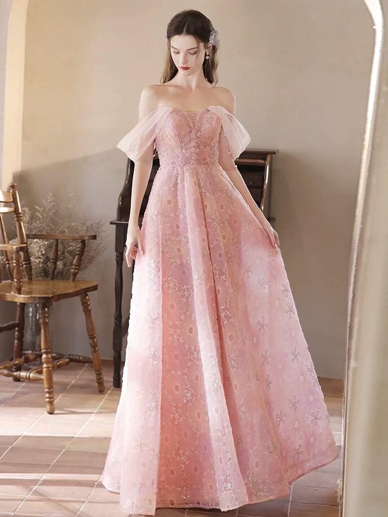 A-line Off Shoulder Tulle Lace Pink Long Prom Dresses