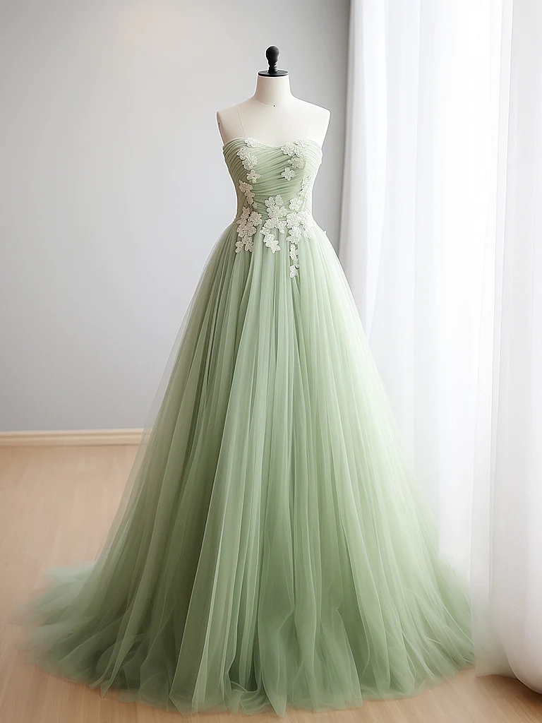 Mermaid A-line Sweetheart Neck Tulle Lace Applique Green Prom Dresses
