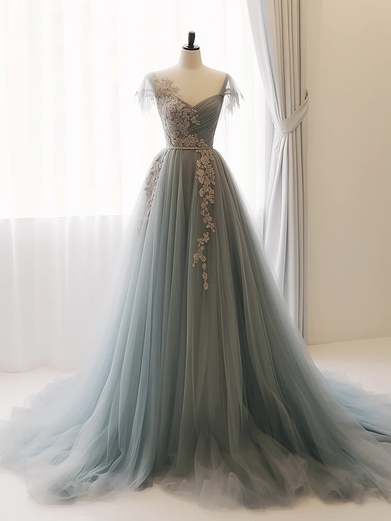 A-line Tulle Lace Gray Blue Long Prom Dresses