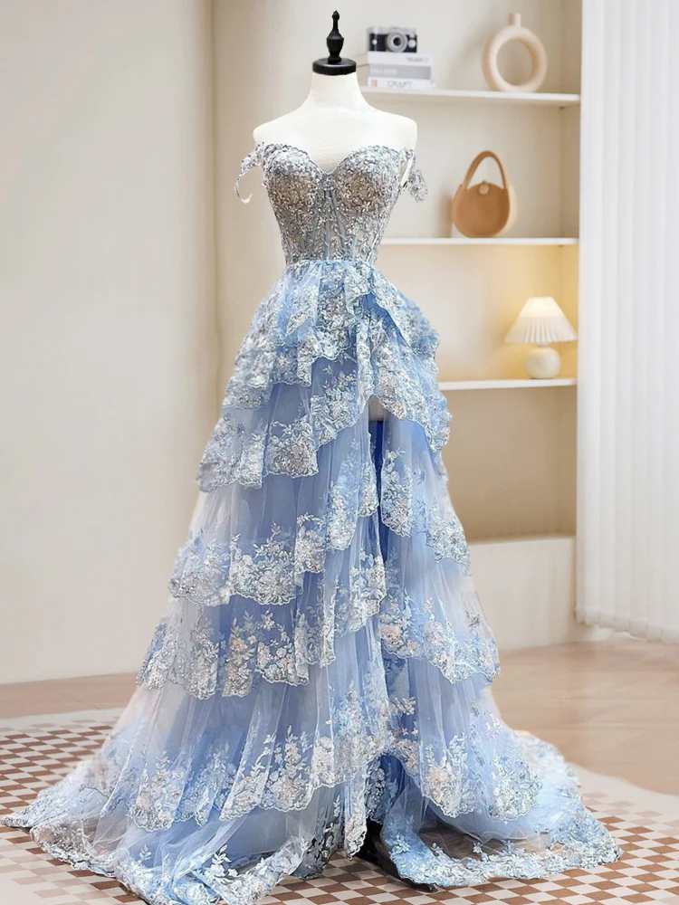 Celestial Blue Cascading Lace Prom Gown