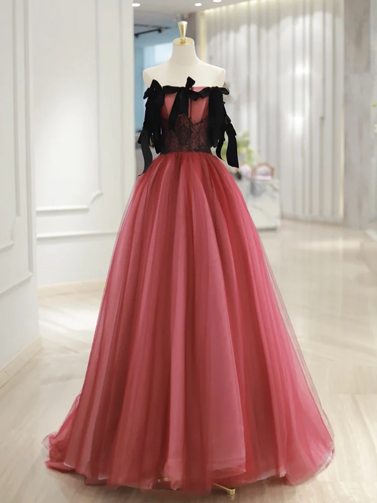 Enchanting Rose Tulle Evening Gown With Ribbon Ties
