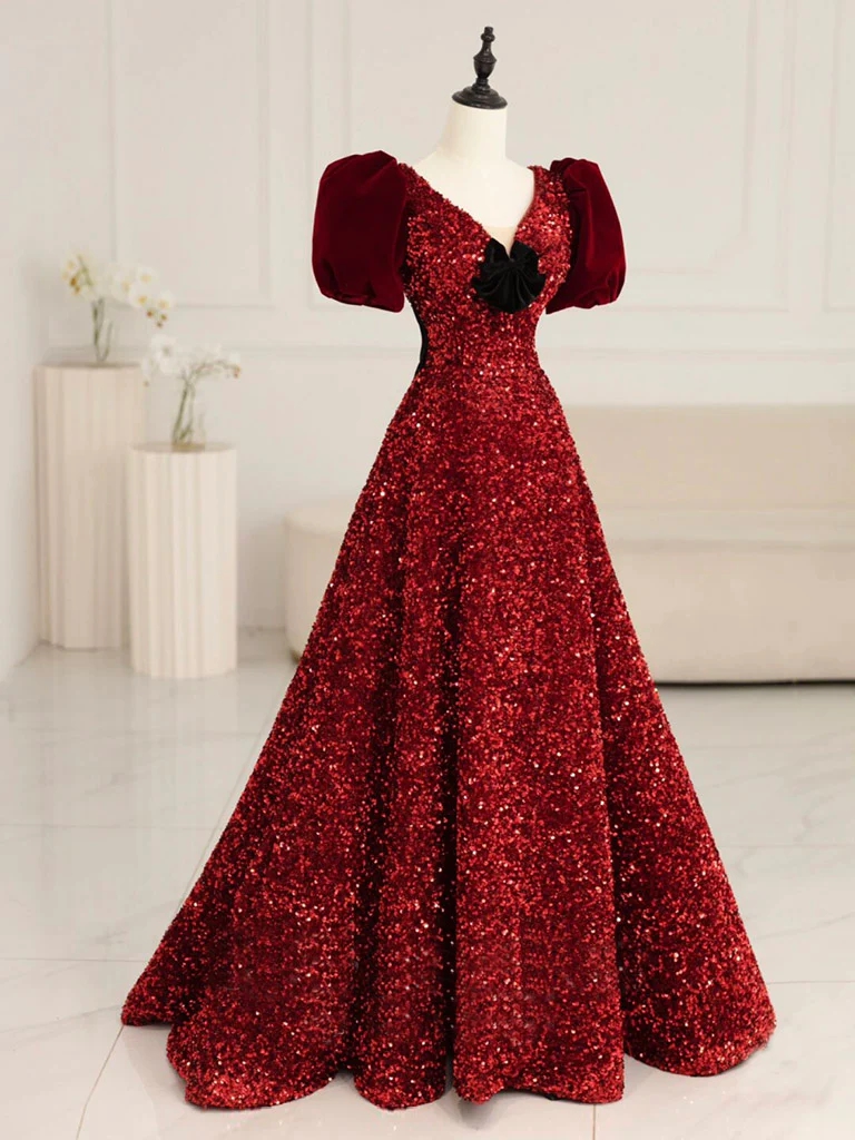 Ruby Red Sequin Gown With Velvet Accents And Puff Sleeves