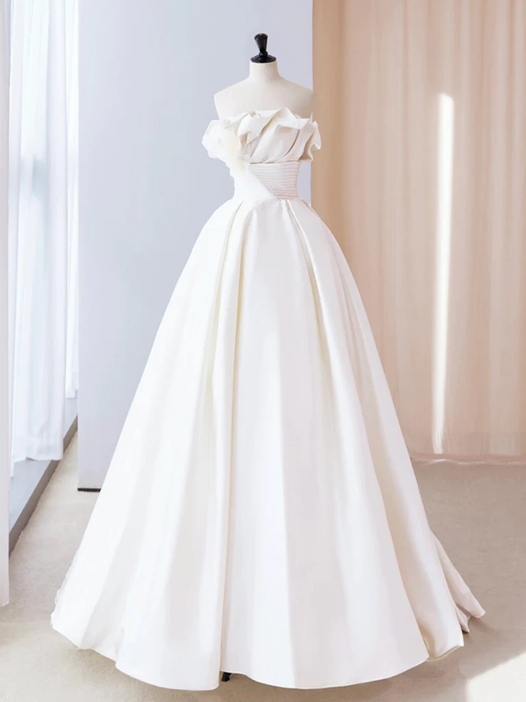 A-line Satin Ivory Lace Up Back Long Prom Dresses