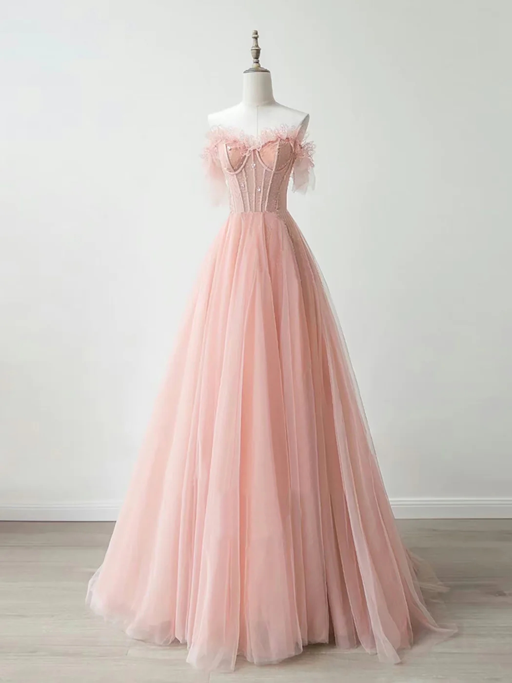 A-line Sweetheart Tulle Lace Pink Long Formal Prom Dresses