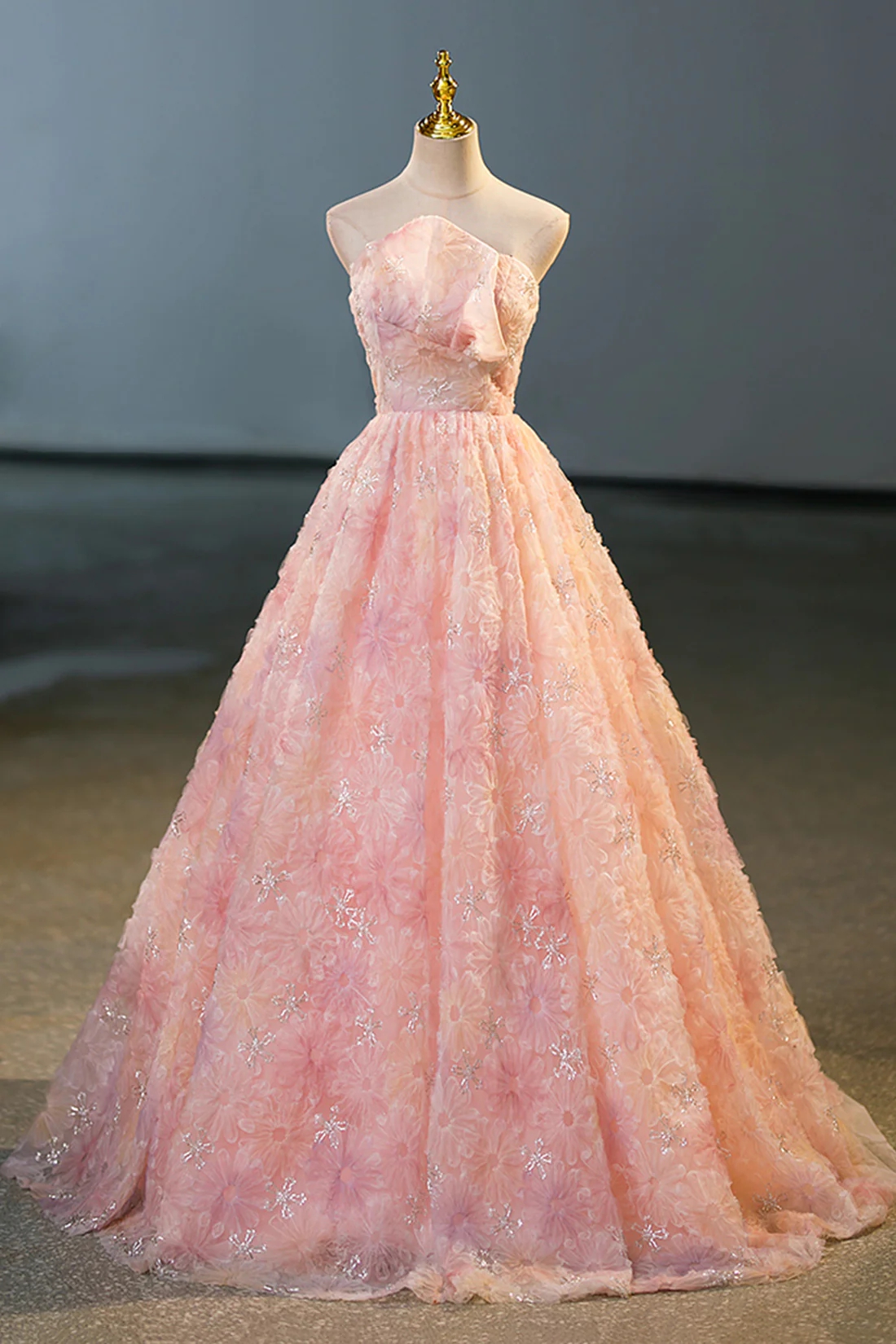 Princess Strapless Formal Pink Flower Evening Dresses