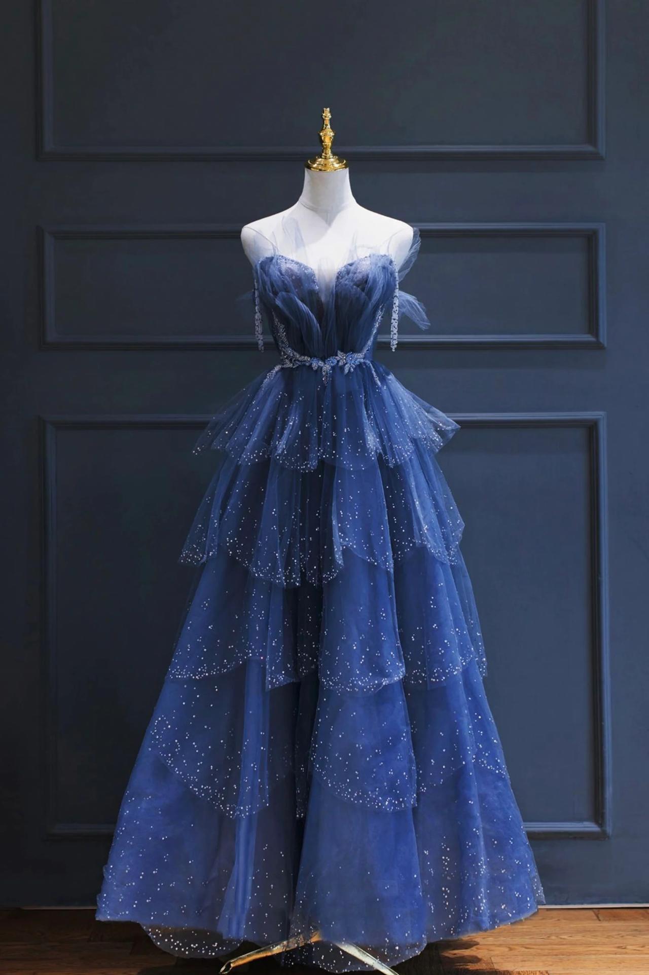 A-line Strapless Blue Tulle Beaded Long Senior Prom Dresses