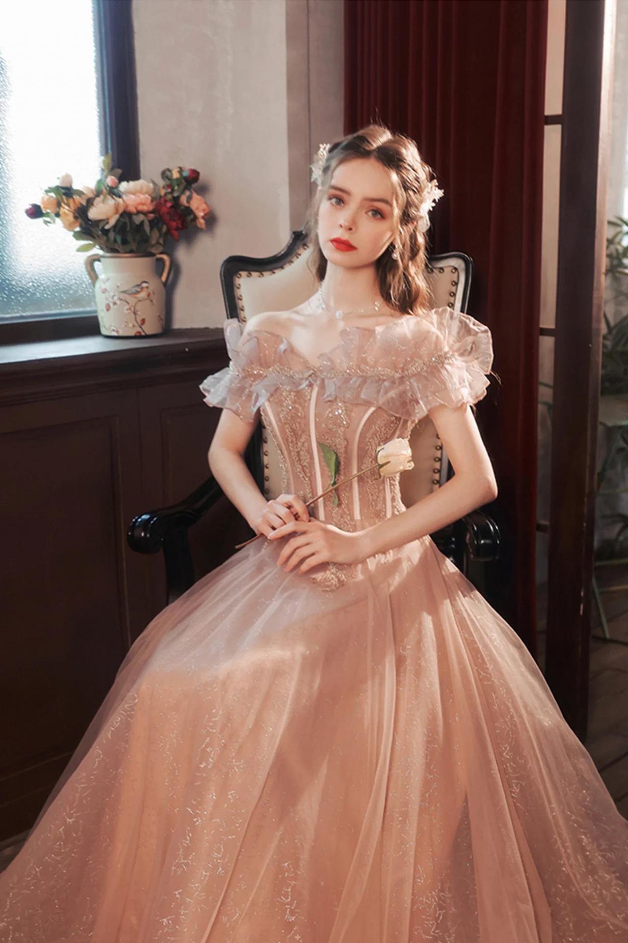 blush pink off shoulder ruffle evening dress with sleeves Amarra 88790 Size 2 Blush Pink Ballgown Ruffles Prom Dress main image 1