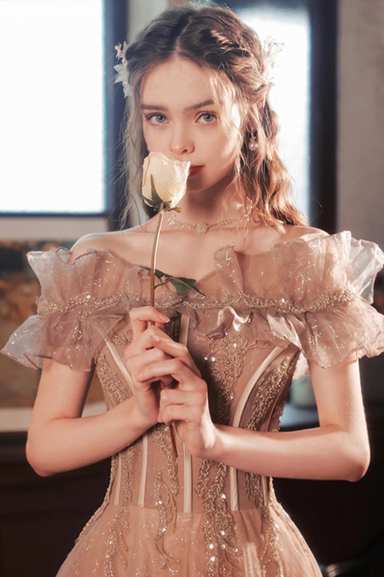 blush pink off shoulder ruffle evening dress with sleeves Pink Floral Off The Shoulder Ruffle Midi Dress main image 1