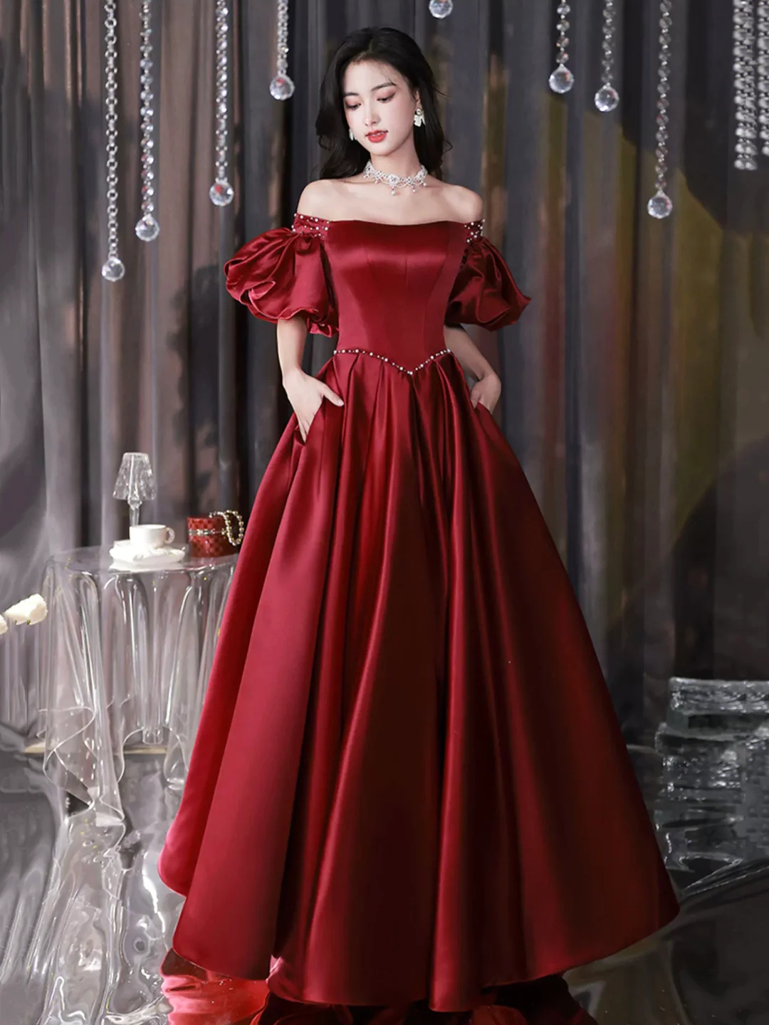 Party Evening Fancy Dresses Square Neck Evening Gown Long Sleeve Red Dress  CloverBrida Burgundy Autumn Winter
