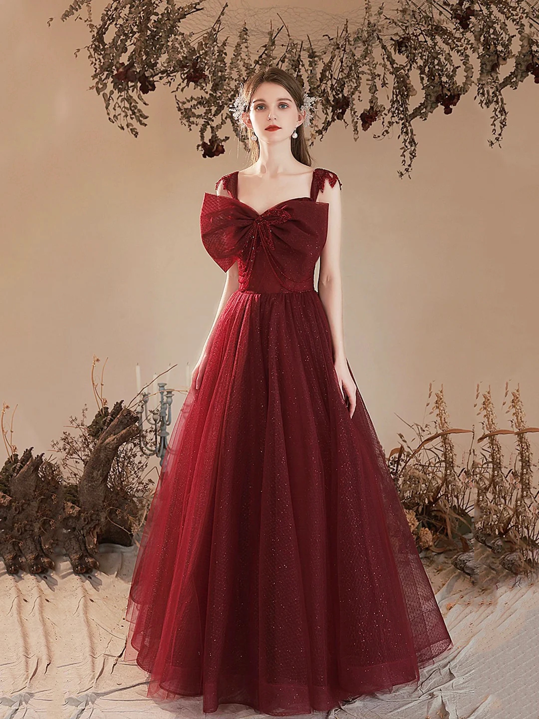 Lovely A-line Burgundy Tulle Long Prom Dress With Bow