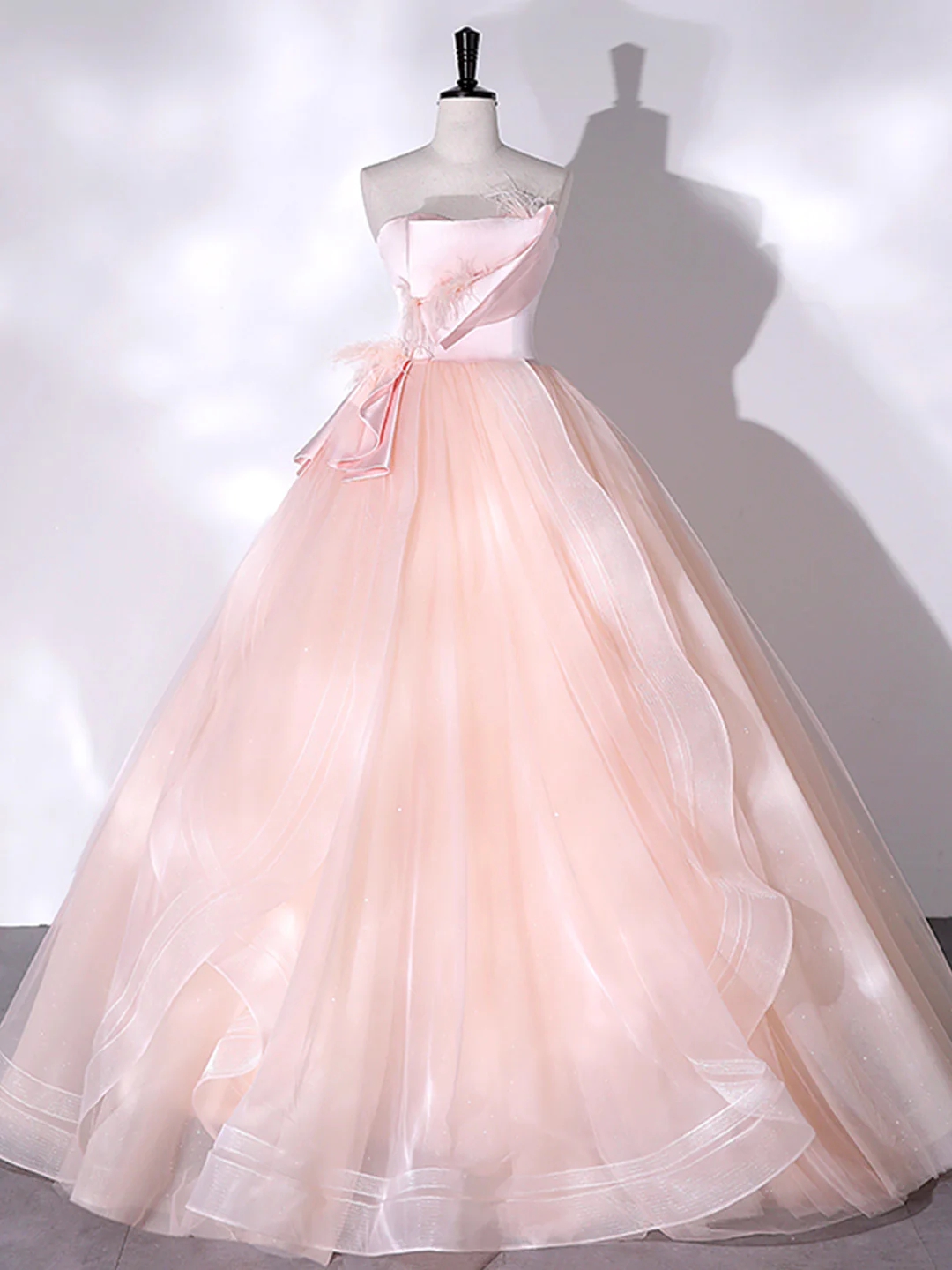 A-line Pink Strapless Tulle Long Formal Prom Dress With Feathers