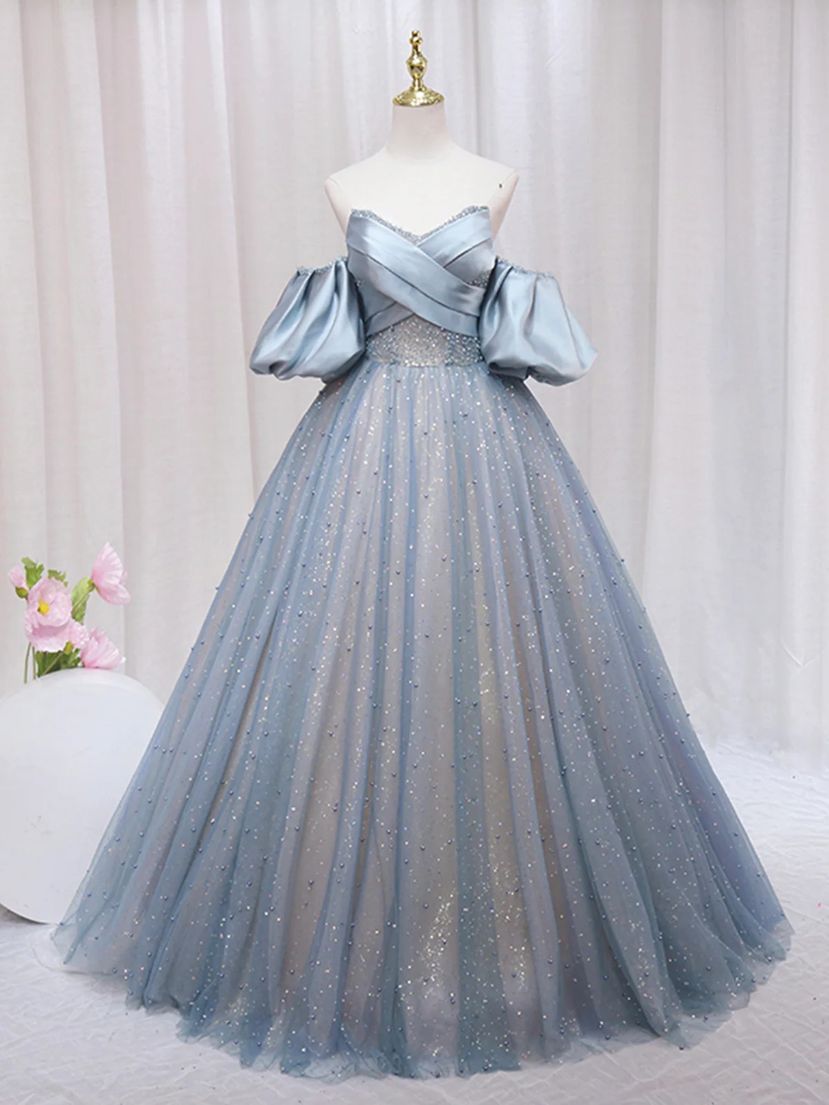 Off The Shoulder Blue Puff Sleeve Long A-line Prom Dress