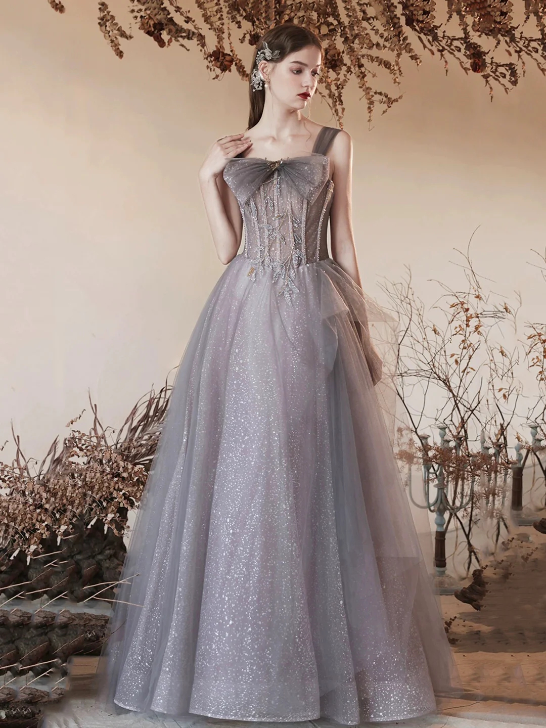 Beautiful Off The Shoulder Gray Tulle Beaded Long Prom Dresses