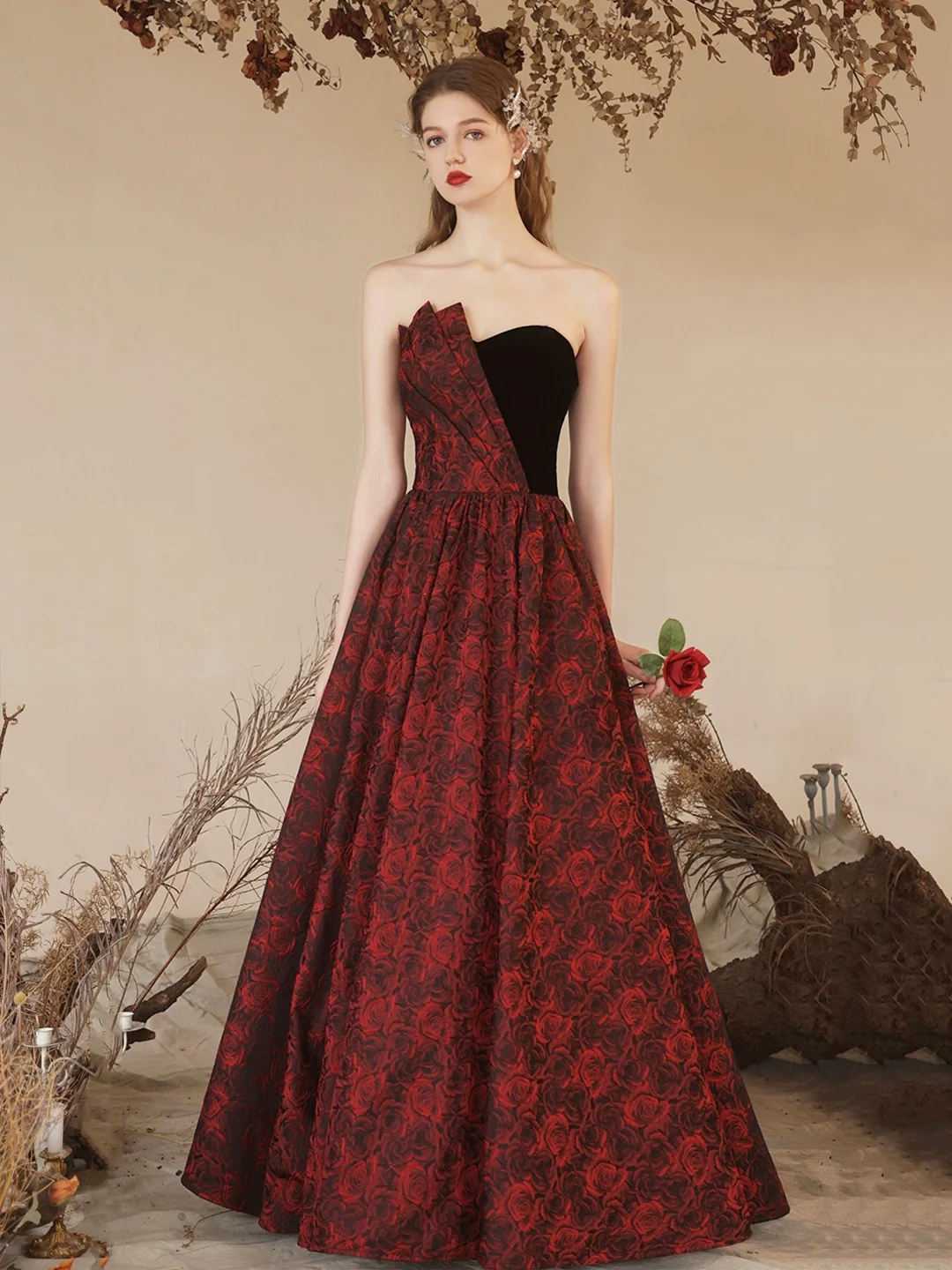 Elegant A Line Rose Pattern Satin Long Prom Dress With Velvet