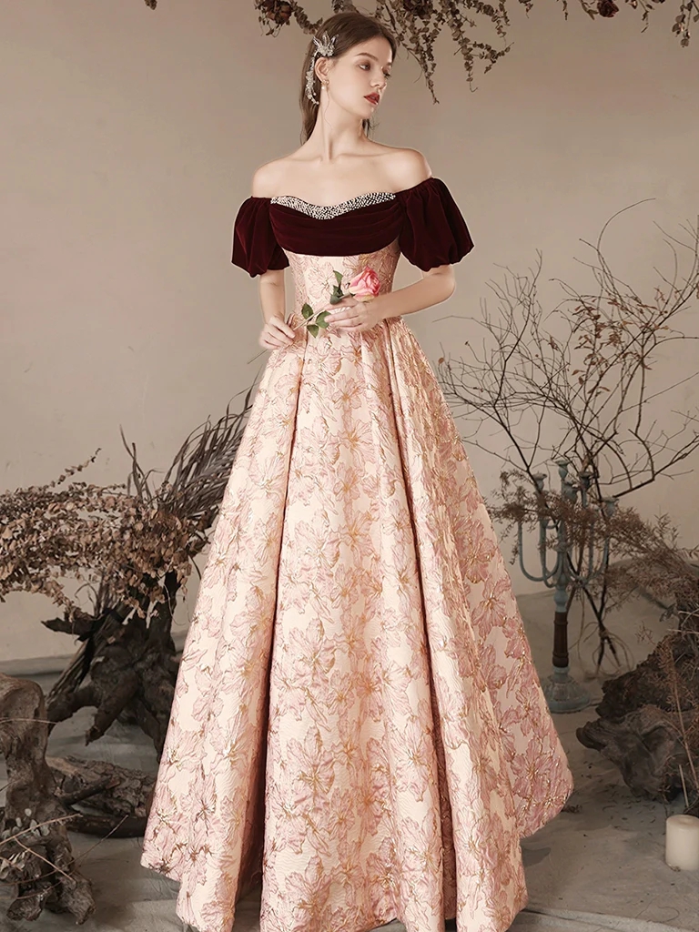 A Line V Neck Two Pieces Pink Satin Long Prom Dresses LBQ2523 main image 1