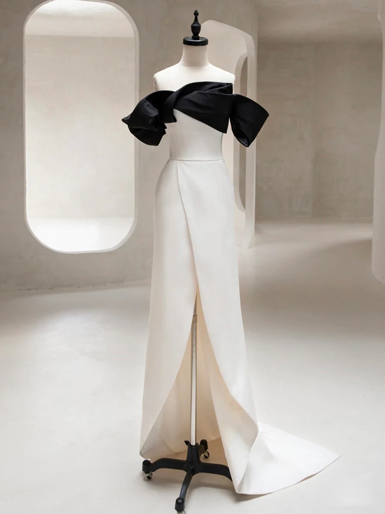 Simple Off Shoulder Satin Black/beige Long Prom Dresses