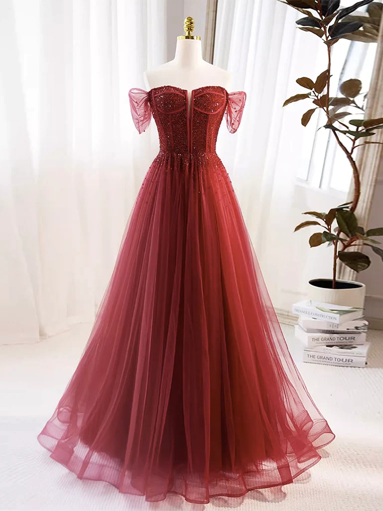 Enchanting Burgundy Tulle Gown With Beaded Corset And Sheer Puff Sleeves