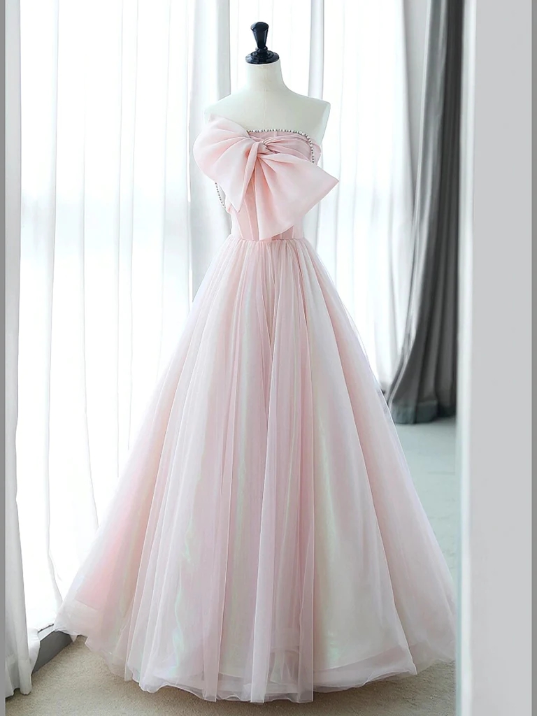 A-line Floor Length Strapless Pink Organza Long Prom Dresses