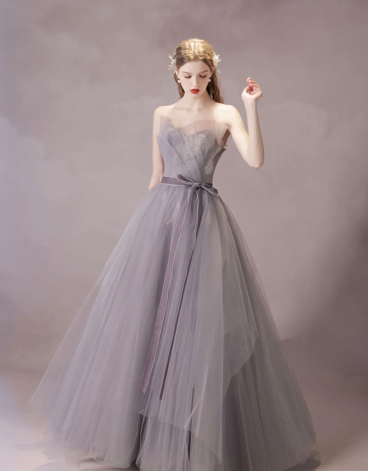 Charming A-line Tulle Lace Gray Purple Long Prom Dresses