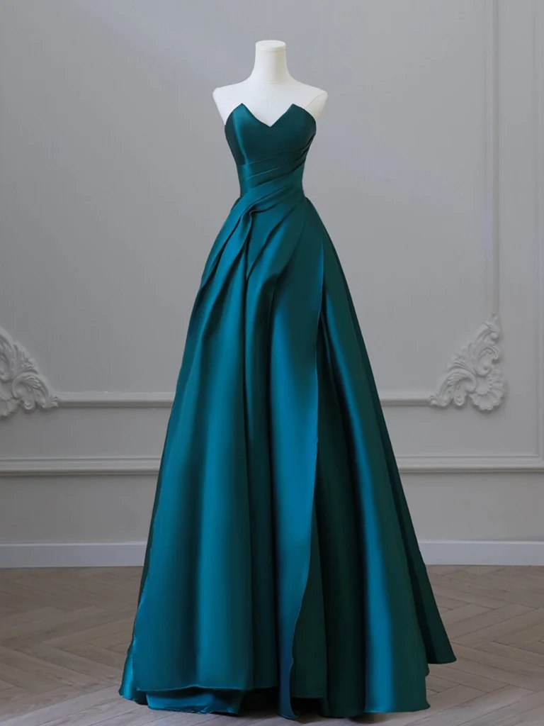 A-line Satin Green Long Prom Dresses