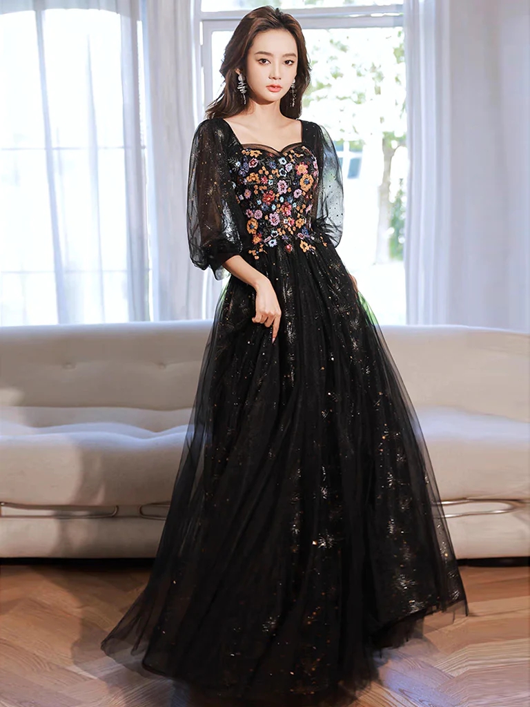 A-line Tulle Lace Black Long Prom Dresses With Long Sleeves