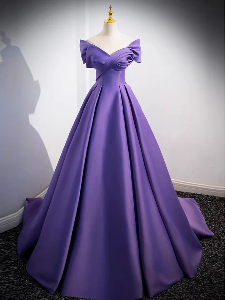 Simple Off Shoulder Mermaid Satin Purple Long Prom Dresses