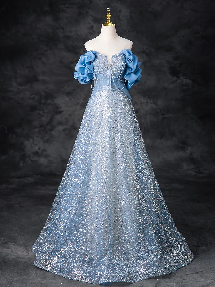 Off Shoulder A-line Blue Long Prom Dress With Sequin Beads