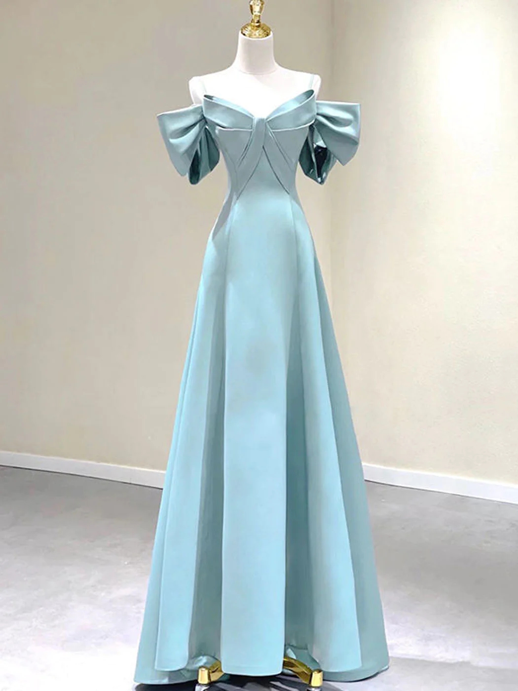 Simple A-line Blue Satin Long Prom Dresses