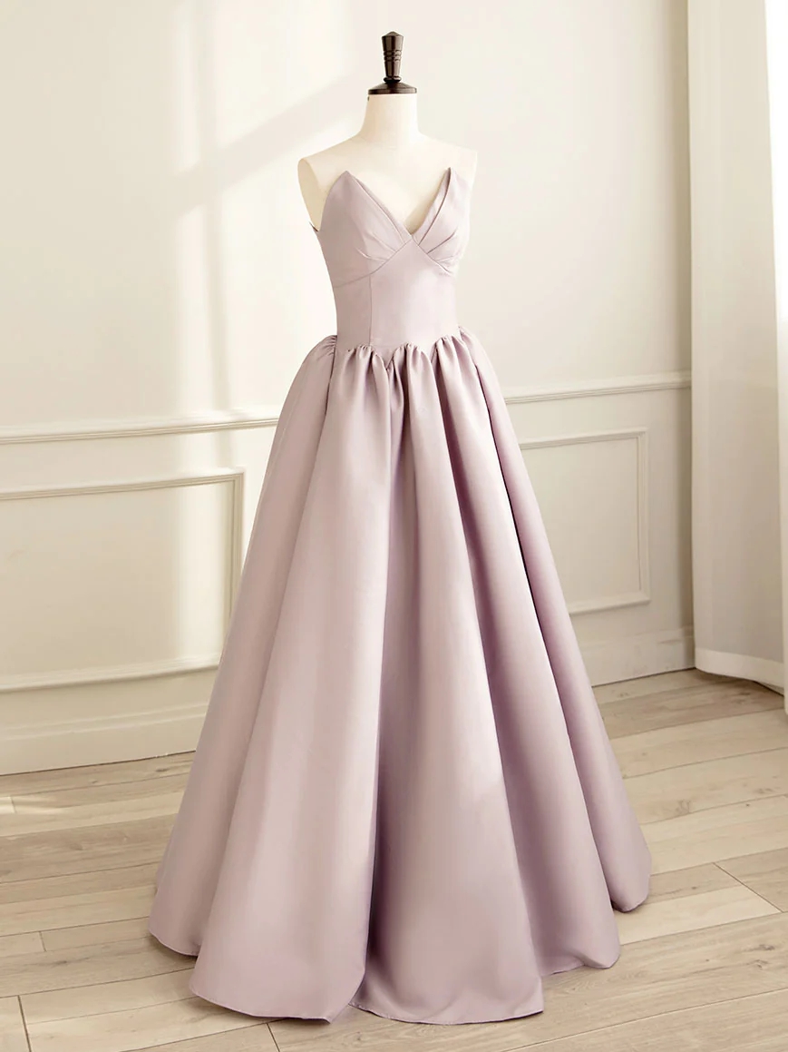 A-line V Neck Satin Pink Long Prom Dress Formal Dress