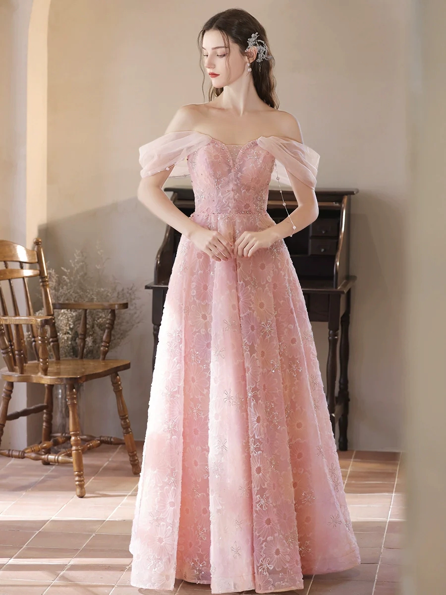 A-line Off Shoulder Tulle Lace Pink Long Prom Dress Graduation Dress