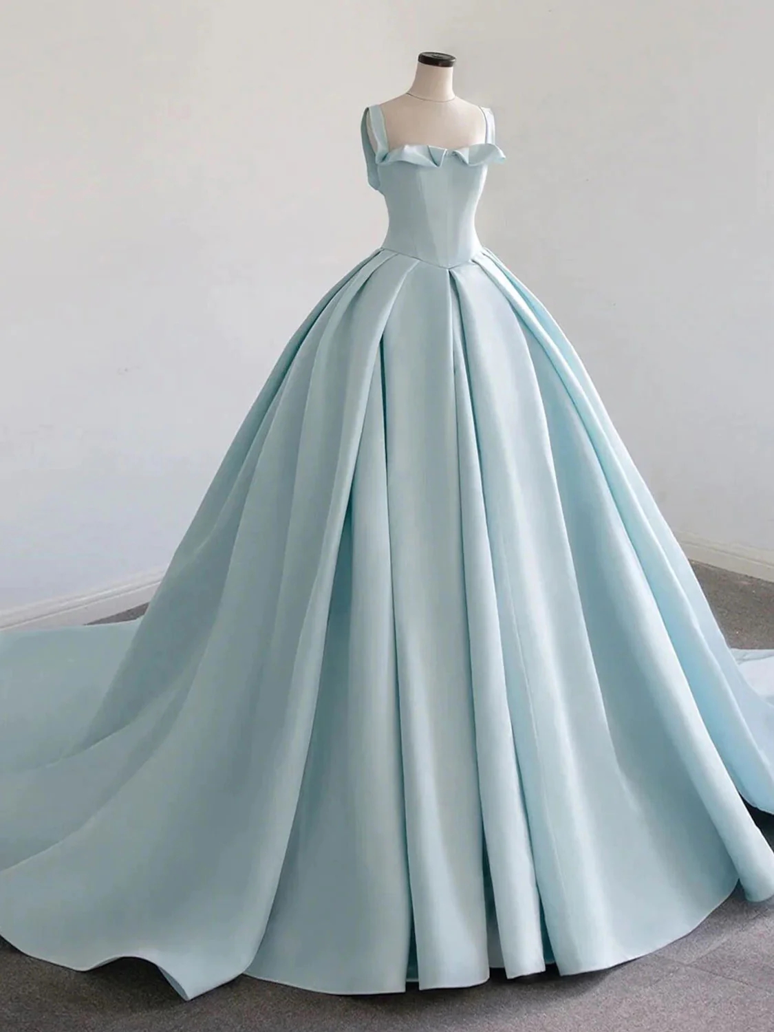 Mermaid Blue Satin Sweep Train Long Prom Dresses