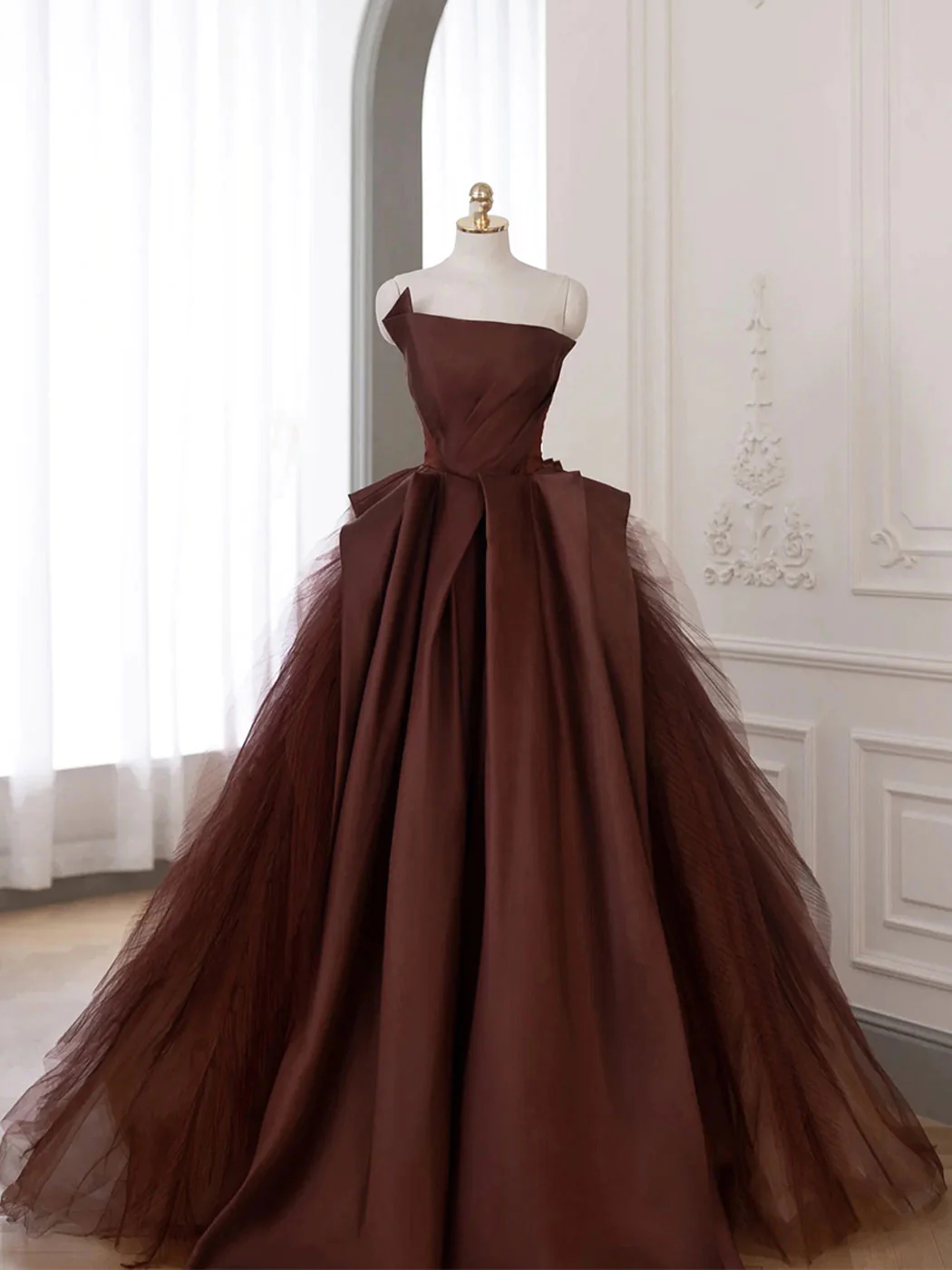 Elegant Chocolate Tulle Ball Gown With Asymmetric Bodice