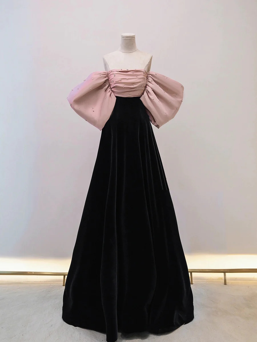 Charming A Line Black/pink Velvet Long Prom Dresses
