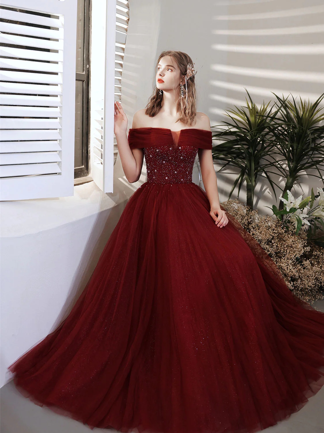 Beautiful Princess Burgundy A Line Tulle Prom Dress With Sequin Beads