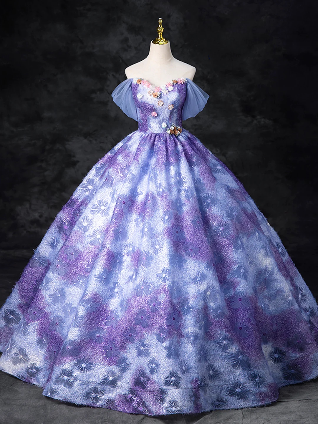 Dreamy Off The Shoulder Colorful Flowers Purple/blue A Line Prom Dresses