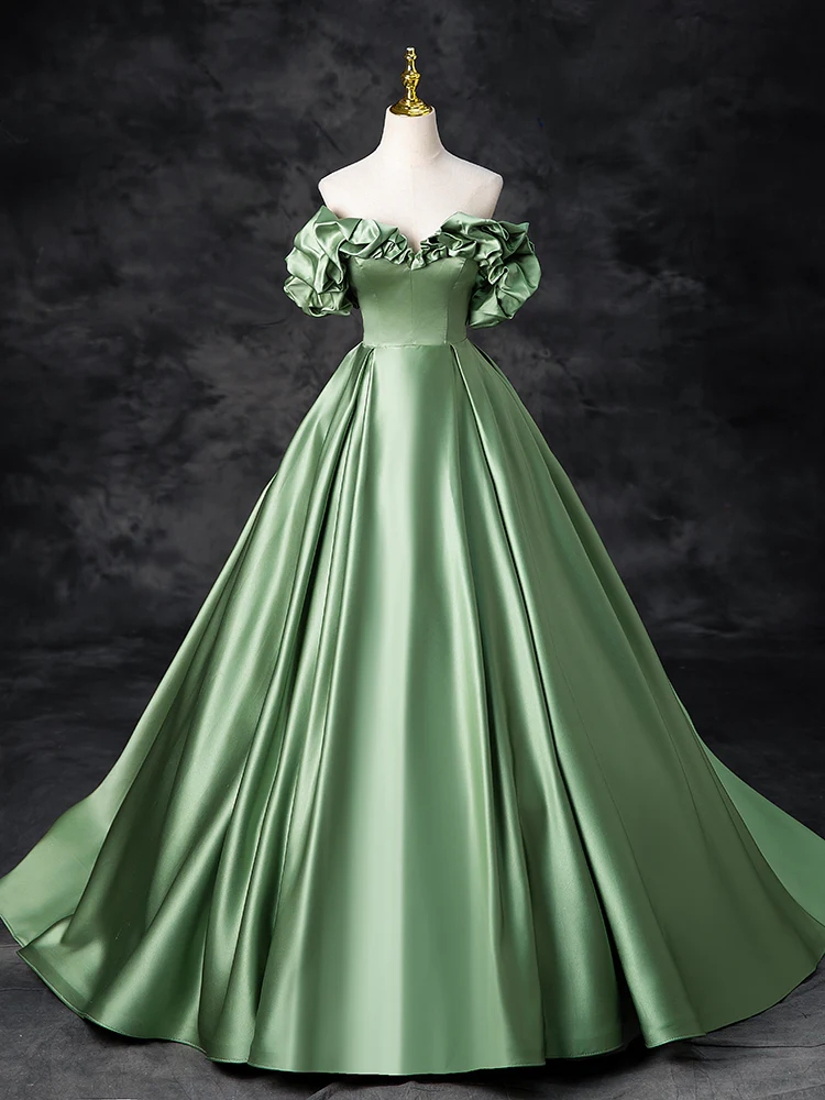 Majestic Sage Green Satin Ball Gown With Puffed Sleeves