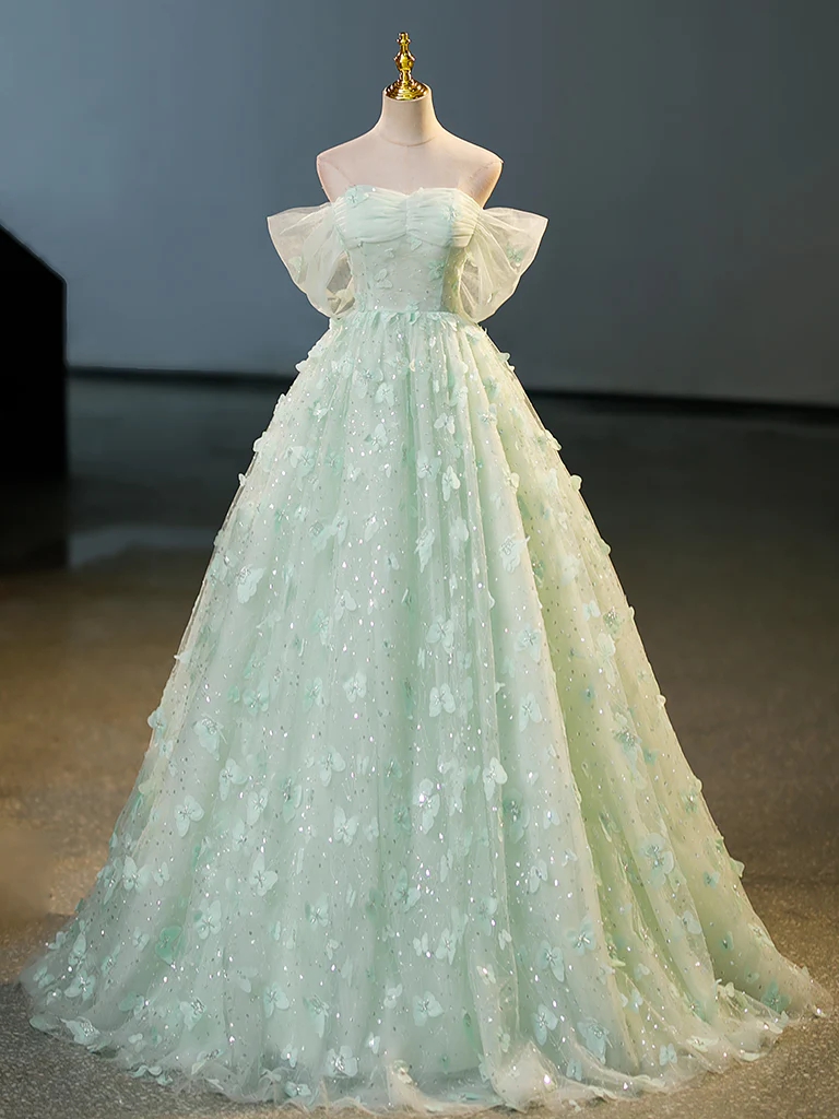 Princess Off Shoulder Green Tulle A-line Lace Prom Dress, Sweet 16 Dress
