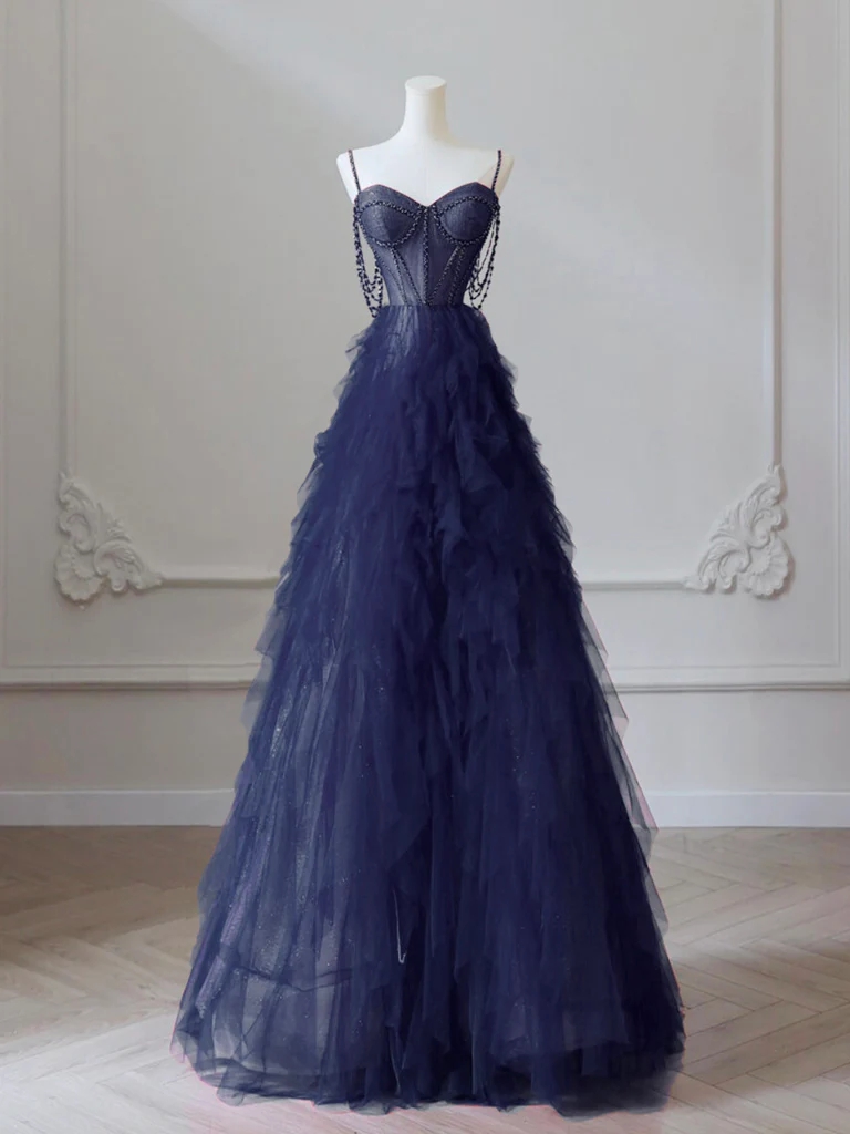 A-line Sweetheart Tulle Dark Blue Long Prom Dress With Beads