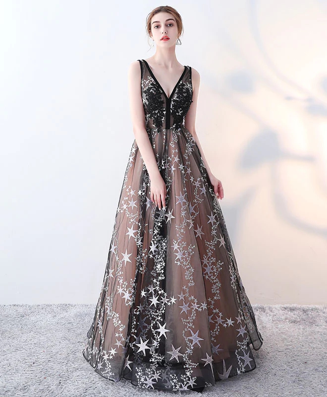 Beautiful Black V Neck Star Long Prom Dress, Black Evening Dress