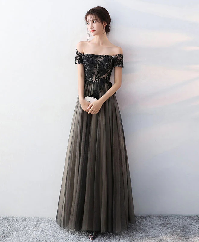 Floor Length Off Shoulder Tulle Long Formal Dress With Black Lace