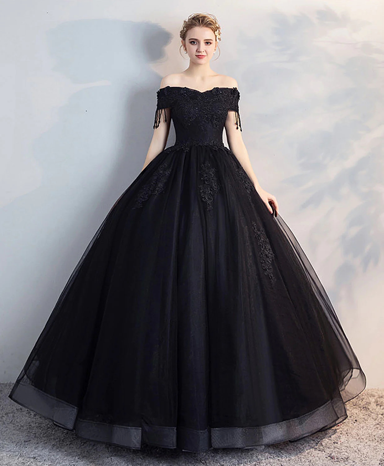 Ball Gown Off Shoulder Black Lace Tulle Prom Dresses