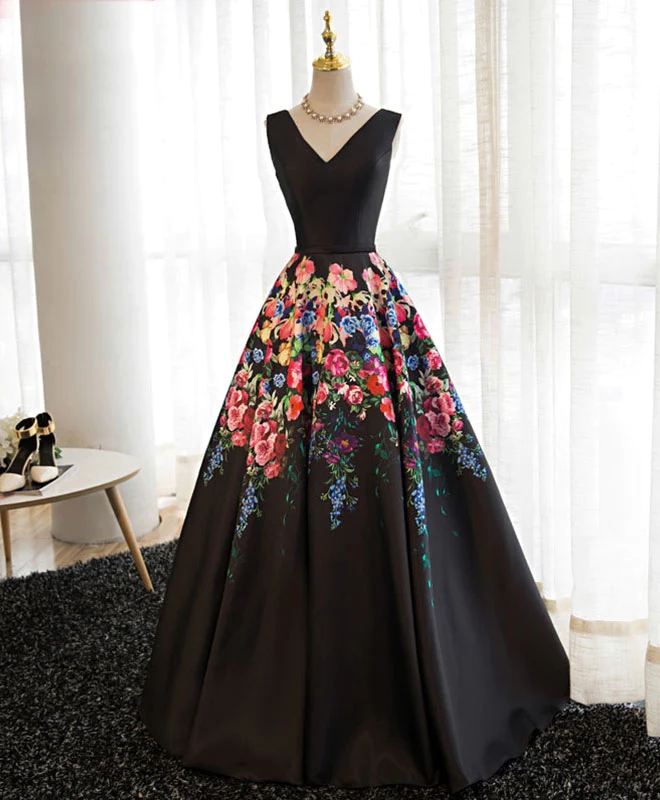 A Line Black V Neck Long Prom Dress With Floral